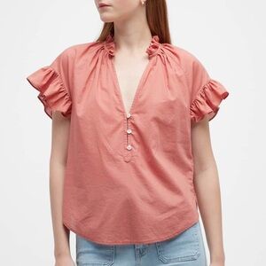Veronica Beard Milly V-Neck Ruffled Short Sleeve Shirt Faded Rose - Size Small